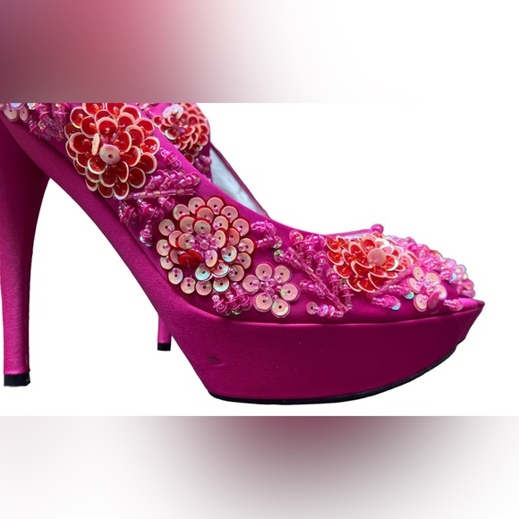 NINA NEW YORK Fuchsia Pink “Sadi” 3D Sequin Floral Flower Peep Toe Pump Heels,10 - Picture 8 of 11